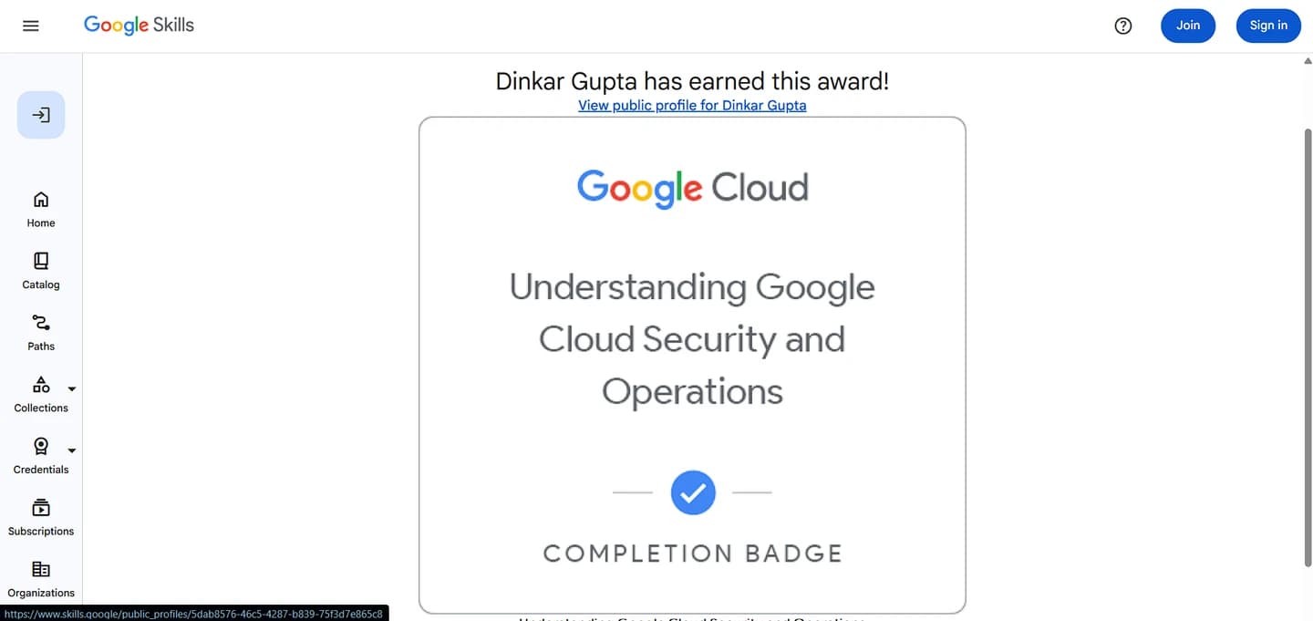 Understanding Google Cloud Security and Operations credential screenshot