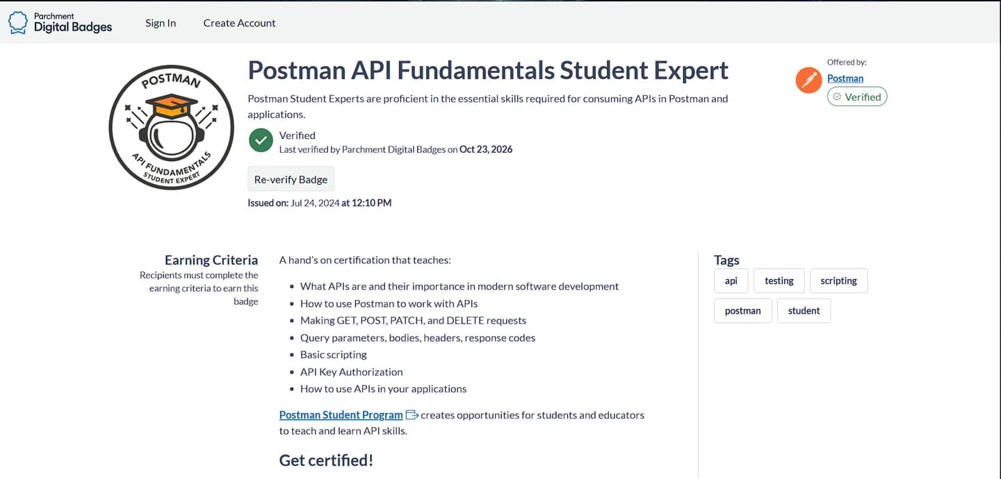 Postman API Fundamentals Student Expert credential screenshot