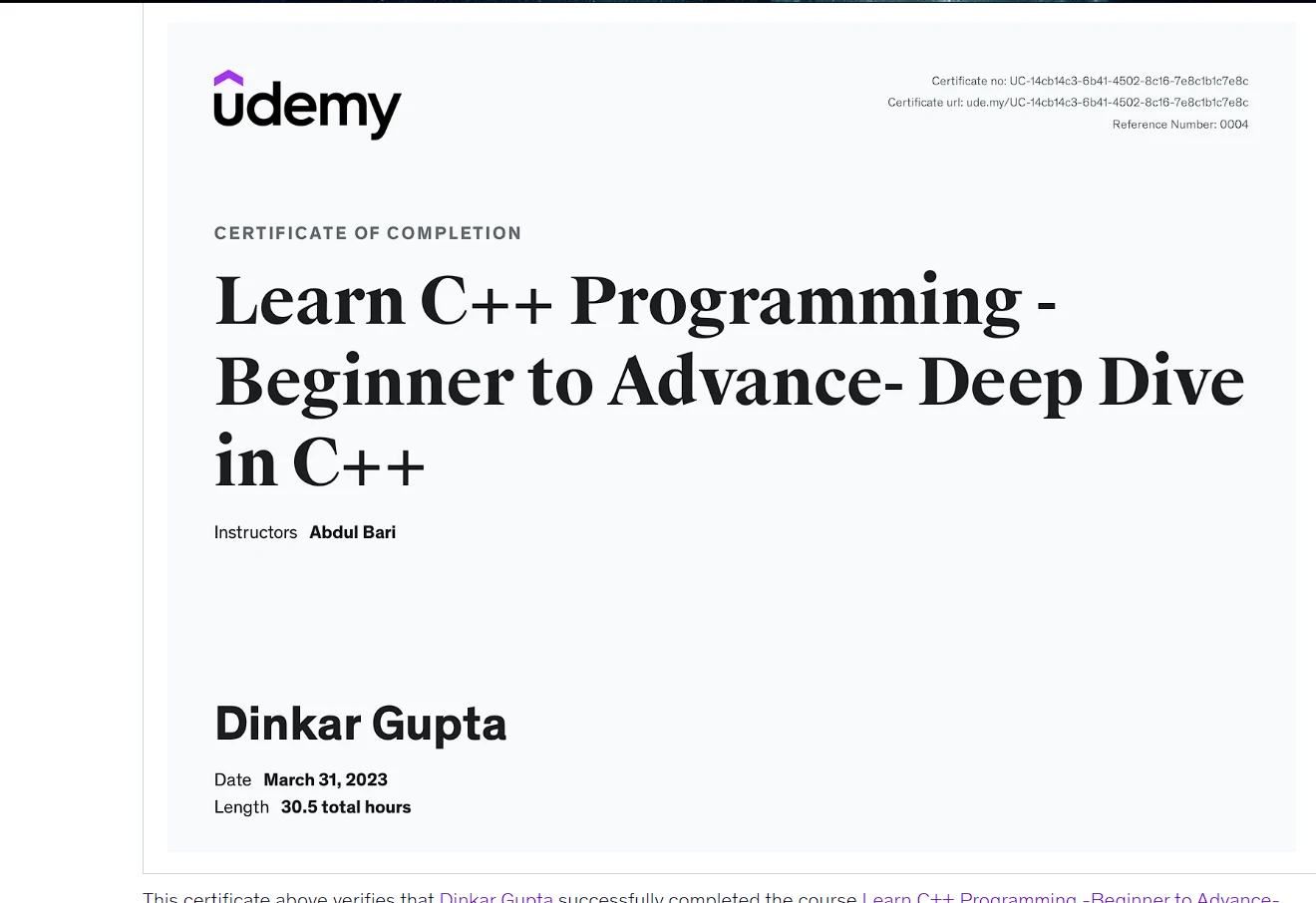 Learn C++ Programming - Beginner to Advance-Deep Dive in C++ credential screenshot